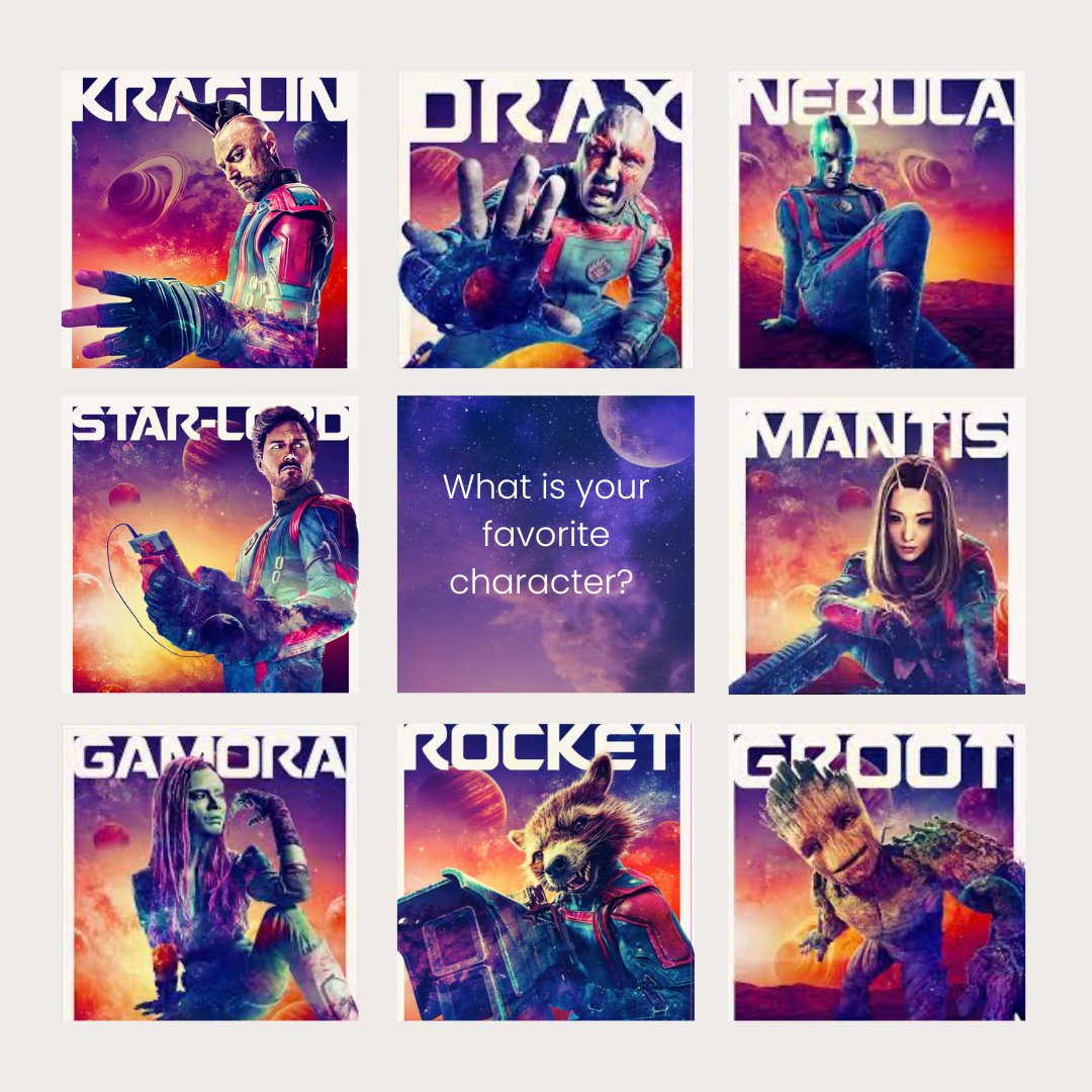 WeVidIt's tweet photo. Who’s your favorite character in the new movie, Guardians of the Galaxy Vol.3 ? #movies #GuardiansOfTheGalaxyVol3 #starlord #favcharacter #groot #RocketGG https://t.co/yvBbLWnIJ4