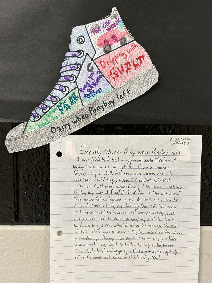 After reading The Outsiders, Ss had to walk a mile in a character’s shoes in order to be empathetic with his/her situation. After writing a paragraph about how an event affected him/her, Ss had to illustrate their shoes. #theoutsiders #empathylesson <a href="/ellis_school/">Ellis Middle School</a> #sumnerachieves