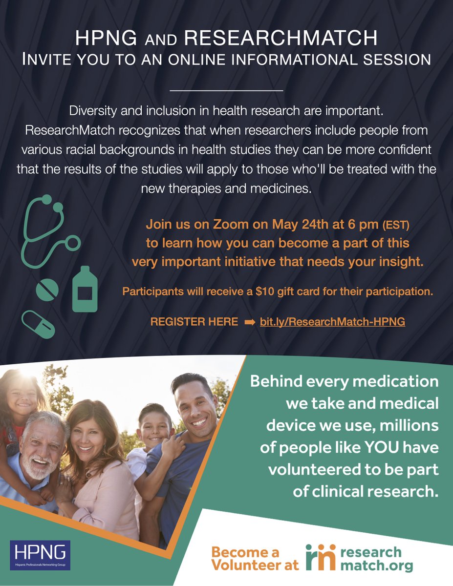 HPNG's tweet photo. HPNG and ResearchMatch invite you to an informational session to learn how you can become a part of an important initiative
Join us May 24th at 6 pm (EST) | Participants will receive a $10 gift card.
REGISTER HERE  ➡ https://t.co/5EJKdHRvpx  @ResearchMatch #Hispanics #medical https://t.co/BPItBKkr3d