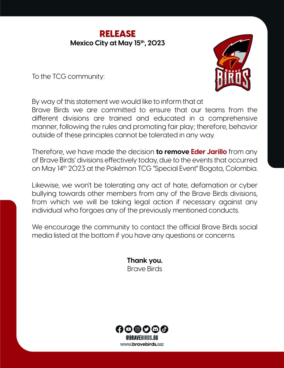 BraveBirds_gg's tweet photo. Comunicado Oficial  / Official Statement

#stopcyberbullying #pokemon #SayNoToRacialDiscrimination #fairplay https://t.co/Ls652DJNdo