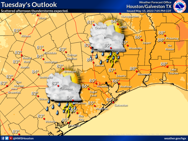 NWSHouston's tweet photo. Scattered afternoon showers and thunderstorms are expected again on Tuesday. Though not every community will see a storm, those that do could experience localized flooding similar to what was seen today. It will also be another humid day. 

#HOUwx #BCSwx #GLSwx #TXwx https://t.co/DA1QmLUxHB