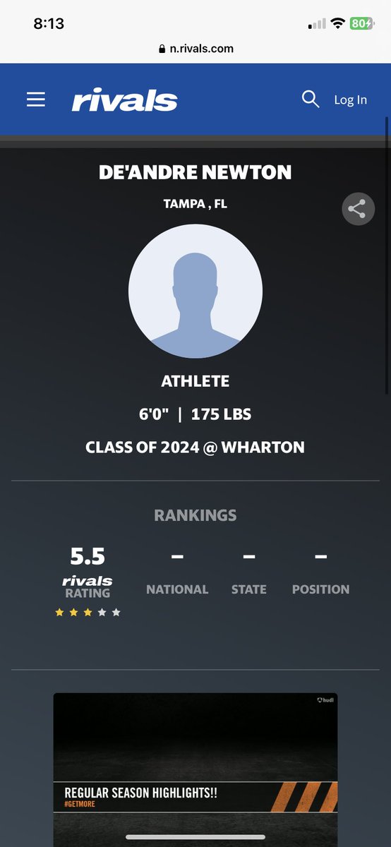 Beyond blessed to be ranked a 3 star <a href="/Rivals/">Rivals</a> <a href="/RecruittheW/">Wharton High School Football College Recruiting</a> <a href="/Coach_Baham/">Robert Baham Jr.</a>