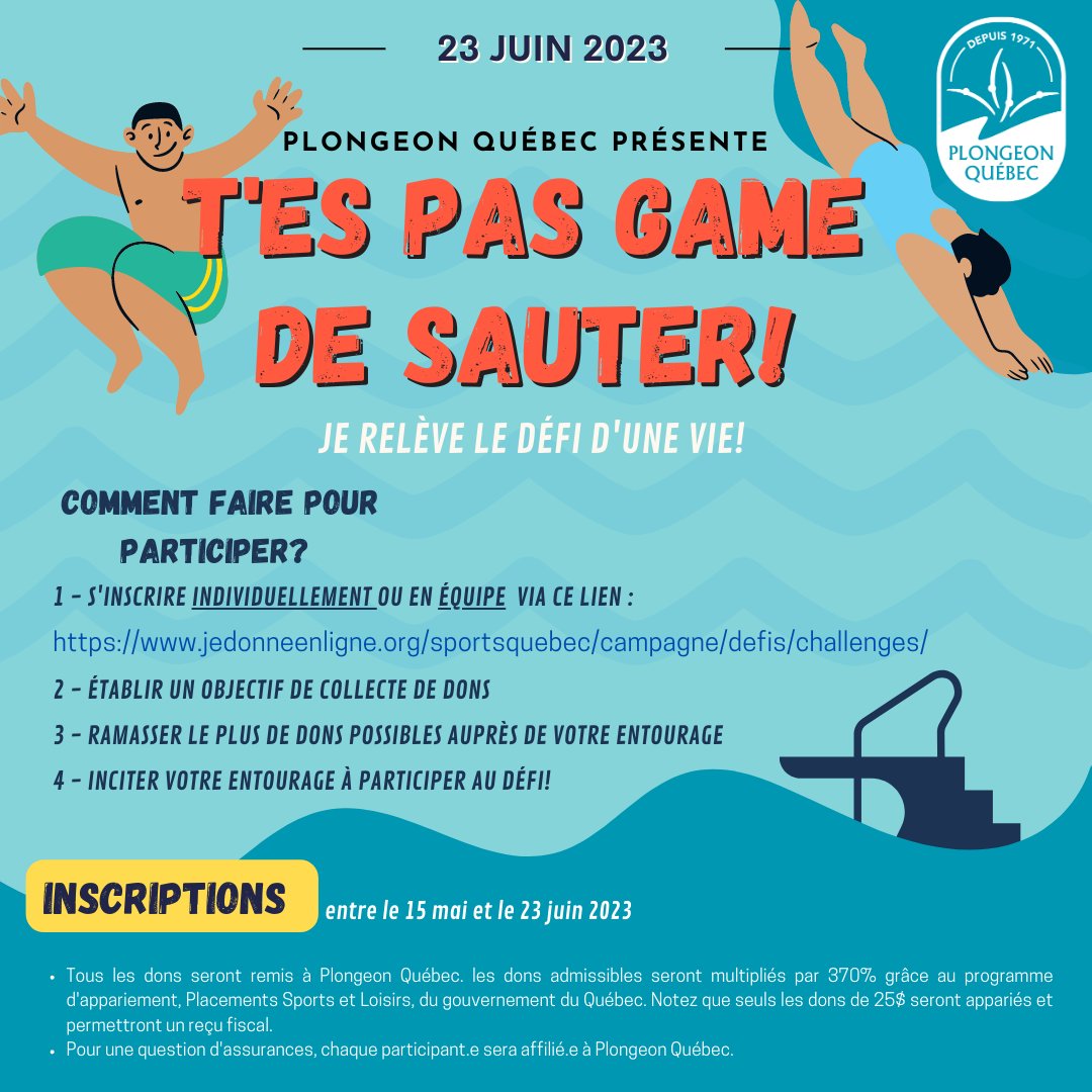 Tu as un casse-cou dans ton entourage ou tu souhaites toi-même relever le défi et sauter pour une bonne cause ? C'est le temps de vous inscrire MAINTENANT pour relever le défi ! 
Partagez en grand nombre ! 
Pour vous inscrire, c'est ici : bit.ly/3pCUs3X