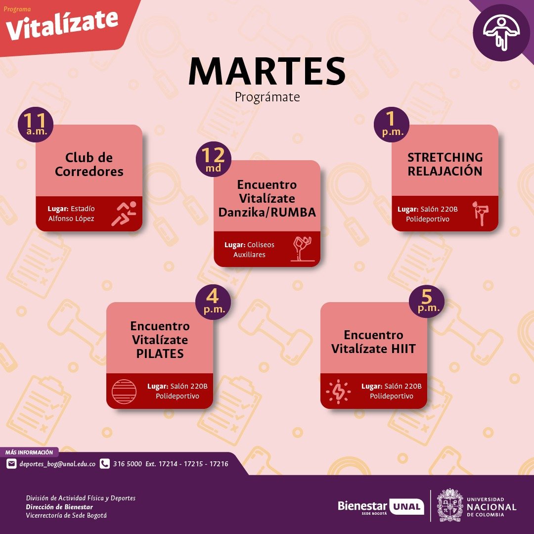 El martes Vitalízate para ser feliz

Inscríbete en el siguiente link bit.ly/Vitalizate-2023
#SoyVitalizate #SomosBienestar #SomosUNAL #SomosActividadFisica #ComunidadUNAL #CadaMinutoCuenta