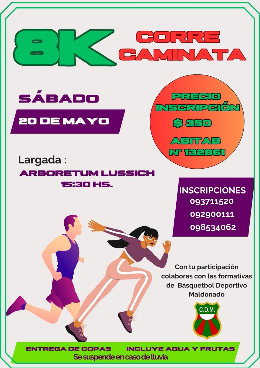 emekavoces's tweet photo. ❗️▶️🏃♀️🏃♂️ 8K SÁBADO 20 DE MAYO
Largada: ARBORETUM LUSSICH
15:30 HS.
CORRE CAMINATA
PRECIO INSCRIPCIÓN $350
#Abitab N° 132861
Con tu participación colaboras con las formativas de Básquetbol @maldosad Deportivo Maldonado https://t.co/Mb3tLUsCZP
