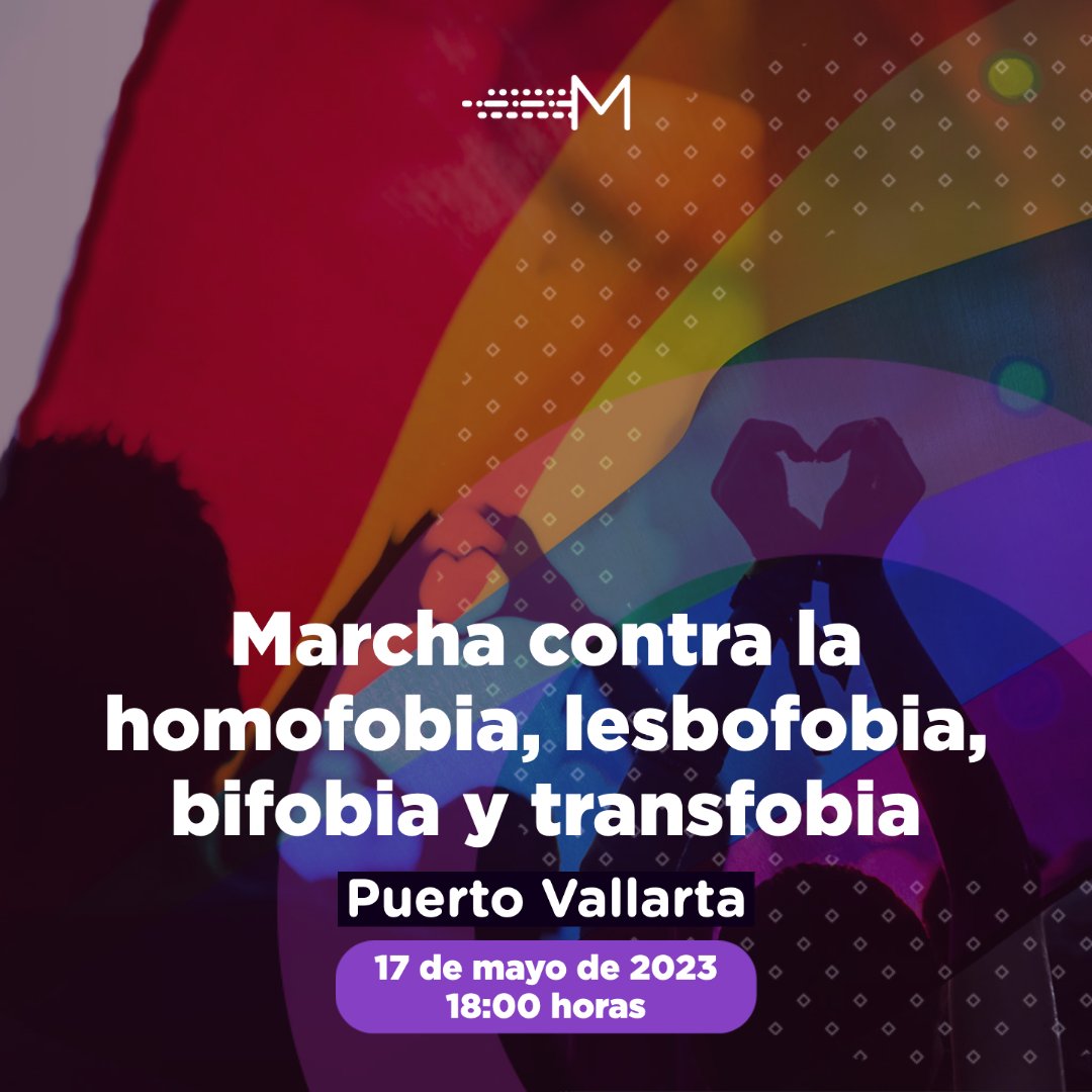 🌈🗣️ ¡Atención, Puerto Vallarta! 

Únete a la marcha contra la homofobia, lesbofobia, bifobia y transfobia este 17 de mayo a partir de las 18:00. 🏳️‍🌈🏳️‍⚧️✊ 

Nos encontraremos en el Malecón y marcharemos hacia Los Arcos, levantando nuestras voces por la igualdad y el respeto.