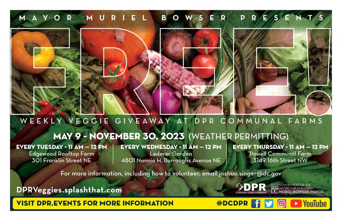 Free Weekly Veggie Giveaway. <a href="/DCDPR/">DC Parks & Recreation #WhereFunHappens</a> Details: dprveggies.splashthat.com