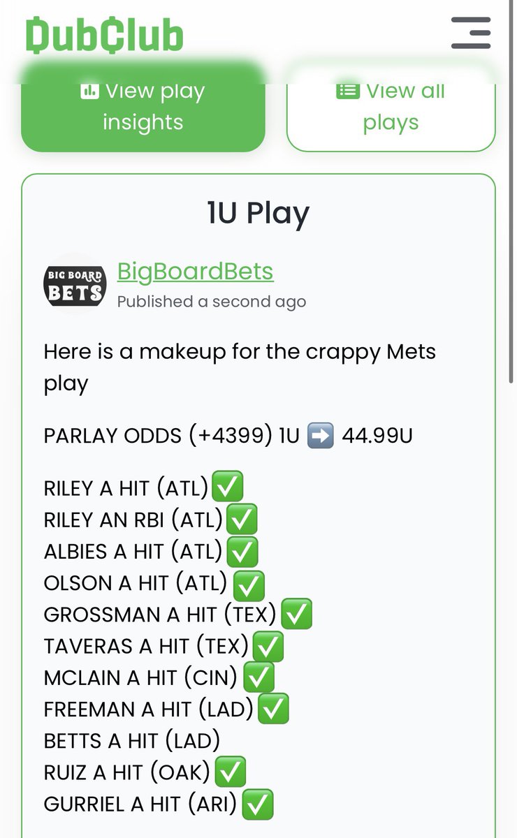 SGP_Vick's tweet photo. โ
โ
CASH IT โ
โ
(+951) โ
โ
GAMBLING TWITTER & DUBCLUB
JUST GOT A NICE PARLAY WINNER FROM BIG BOARD BETS ๐ฅ๐ฅ๐ฅ
2U โก๏ธ 21.02U โ
๐บ๐
NOW WE WAIT FOR 1 MOOKIE BETTS HIT!!!
1U โก๏ธ 44.99U ๐๐๐๐๐
HOPE YA TAILED
DUBCLUB UP OVER 35U already tonight #hugeday #bettingtiktok #win