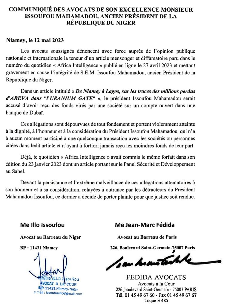 MoctarMAhameyed's tweet photo. Face aux fausses accusations, injustes et infondées, contre sa personne dans une prétendue affaire dite ''#uraniumgate'', l'ancien Président du #Niger SEM @IssoufouMhm et ses avocats ont décidé de porter plainte à #Paris contre le journal @Africa_In_FR qui va devoir se justifier. https://t.co/ZTwR5ileWP