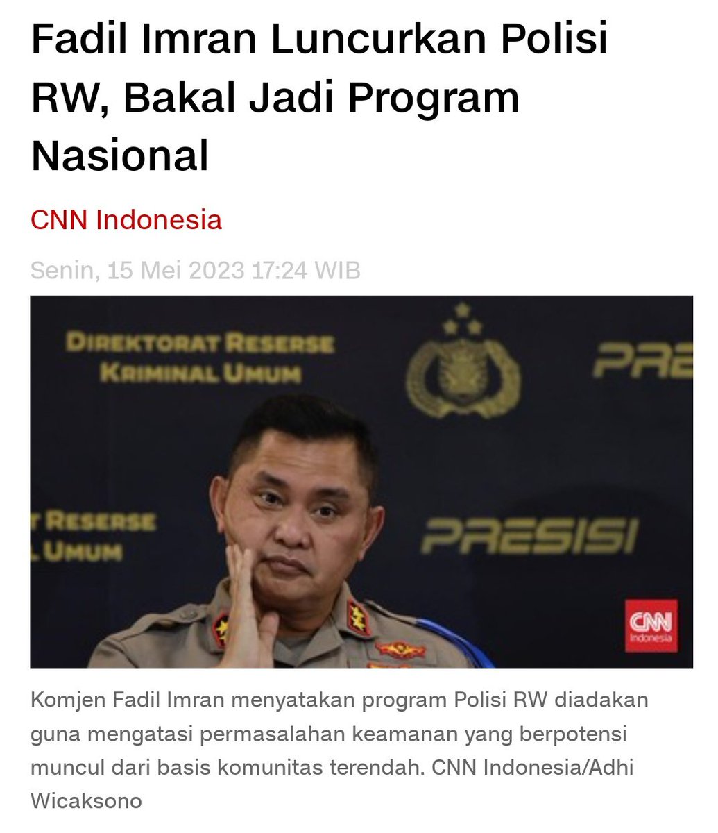 Morningg Selamat Pagii buat Remaja Dewasa org Tua dr Umur 20 sampai  seterusnya🤭
Komjen Fadil Imran meluncurkan program Polisi RW
program ini diadakan guna mengatasi permasalahan keamanan yg berpotensi muncul dr basis komunitas terendah yakni lingkungan RW
Bersihkan benalu Polri