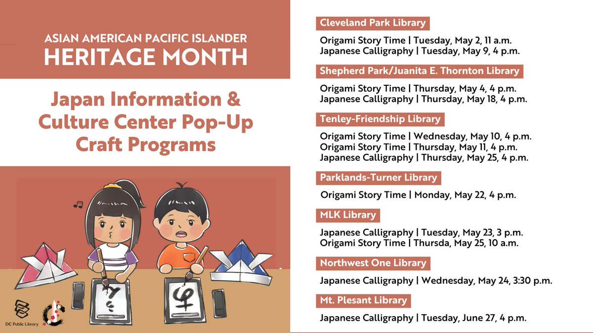 DC Public Library <a href="/dcpl/">DC Public Library</a> is partnering with #DCJICC for Asian American Pacific Islander Heritage Month! 🎏📷 Through May, there will be JICC pop-ups at various DC Public Libraries, including story time and calligraphy. <a href="/JapanEmbDC/">Japan Embassy DC🌸</a> 🌸

Free! Register here: dclibrary.libnet.info/events?r=month…