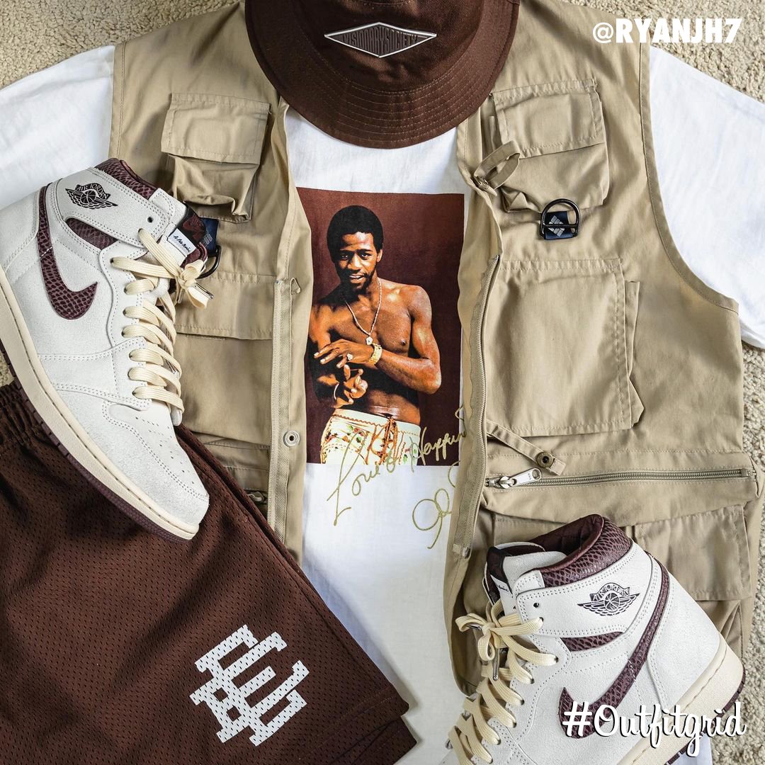 Today's top #outfitgrid is by @ryanjh7.
▫️ #Supreme x #AlGreen #Tee
▫️ #Columbia #Vest
▫️ #EricEmanuel #Shorts
▫️ #Maniere x #JordanI
▫️ #VisionarySociety #BucketHat