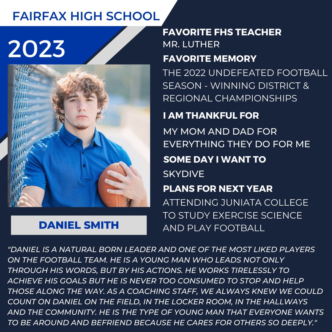 City of Fairfax Schools (@fairfaxschools) on Twitter photo 2023 Senior Stories continues! Today's senior is Daniel Smith. Daniel is a <a href="/WSESfox/">Willow Springs ES</a> alum and will attend <a href="/juniatacollege/">Juniata College</a> to study exercise science and play football. Good luck and congratulations Daniel! 2023 Senior Stories continues! Today's senior is Daniel Smith. Daniel is a <a href="/WSESfox/">Willow Springs ES</a> alum and will attend <a href="/juniatacollege/">Juniata College</a> to study exercise science and play football. Good luck and congratulations Daniel!