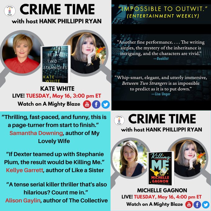Hank (ONE WRONG WORD is here!) Phillippi Ryan (@hankpryan) on Twitter photo Tuesday's CRIME TIME on <a href="/AMIGHTYBLAZE/">A MIGHTY BLAZE ๐๐ฏ๐ฅ</a> celebrates two brilliant pub days!
At 3PM ET: I'll chat w/ amazing <a href="/katemwhite/">Kate White</a> with BETWEEN TWO STRANGERS.
Wow!
Then at 4 --the fab <a href="/Michelle_Gagnon/">Michelle Gagnon ๐บ๐ธ๐ณ๏ธโ๐ (she/her/hers)</a> and KILLING ME.
Another wow!
#Giveaways
Join us at <a href="/AMIGHTYBLAZE/">A MIGHTY BLAZE ๐๐ฏ๐ฅ</a> on FB! Tuesday's CRIME TIME on <a href="/AMIGHTYBLAZE/">A MIGHTY BLAZE ๐๐ฏ๐ฅ</a> celebrates two brilliant pub days!
At 3PM ET: I'll chat w/ amazing <a href="/katemwhite/">Kate White</a> with BETWEEN TWO STRANGERS.
Wow!
Then at 4 --the fab <a href="/Michelle_Gagnon/">Michelle Gagnon ๐บ๐ธ๐ณ๏ธโ๐ (she/her/hers)</a> and KILLING ME.
Another wow!
#Giveaways
Join us at <a href="/AMIGHTYBLAZE/">A MIGHTY BLAZE ๐๐ฏ๐ฅ</a> on FB!