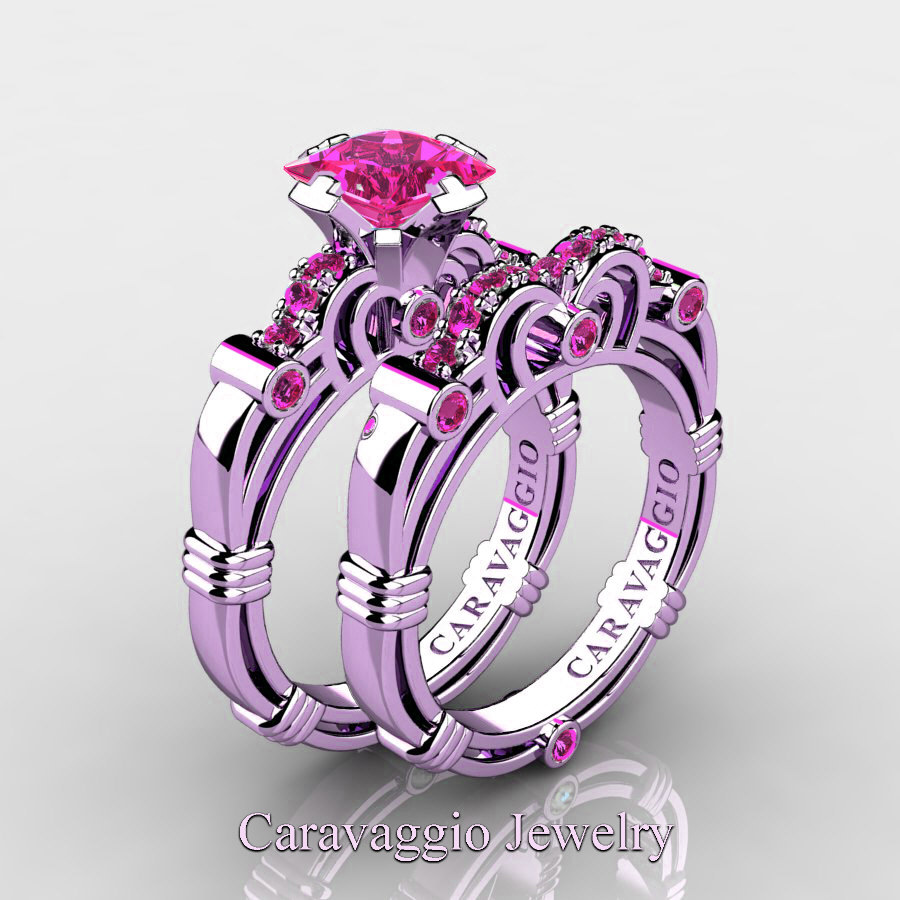 New 💜 Exclusive caravaggiojewelry.com/?p=426408 Art Masters Caravaggio 14K Lilac Gold 1.25 Ct Princess Pink Sapphire Engagement Ring Wedding Band Set R623PS-14KLGPS at Caravaggio™ Jewelry