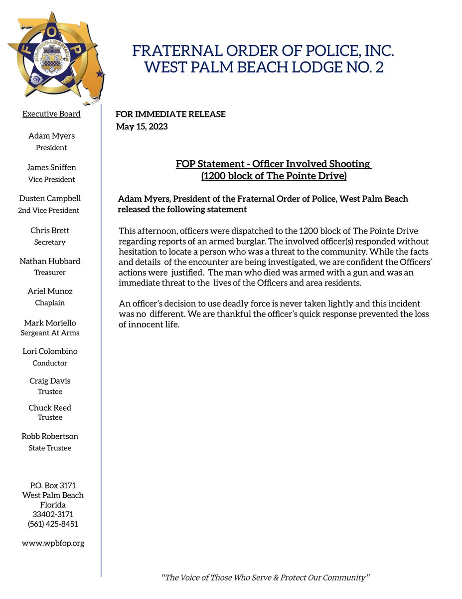 fopwpb's tweet photo. FOP Statement - Officer Involved Shooting (1200 The Pointe Drive) #westpalmbeachpolice #westpalmbeach #wptv #wpeccbs12 #wpbf25news #pbpost https://t.co/hjpUPi5suU