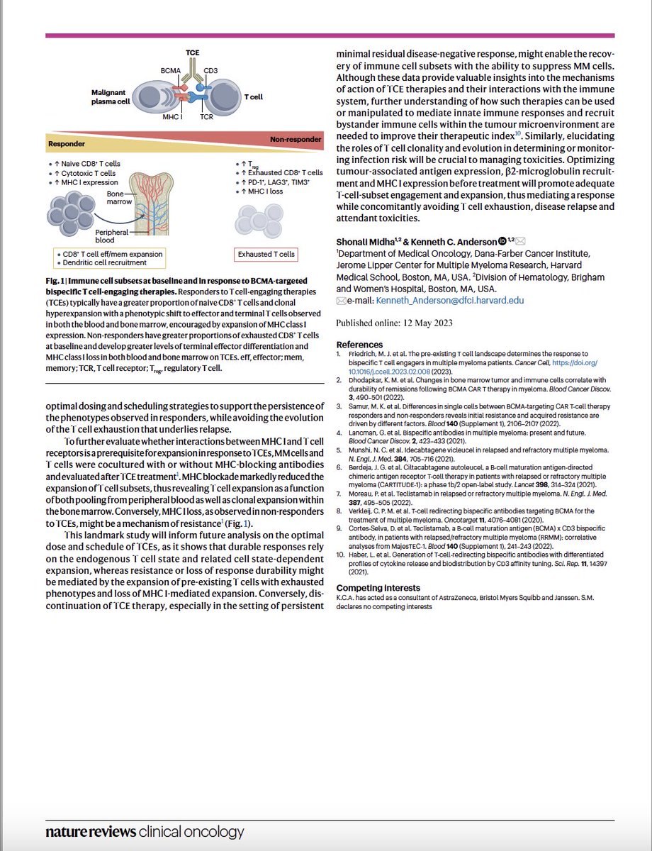 Honored to write this commentary with my amazing mentor, Dr. Anderson, on determinants of response & resistance to bispecific t-cell engagers in #MultipleMyeloma #mmsm. So much to learn about the complexity of the immune system and optimizing TCEs! @DanaFarber @DanaFarberNews