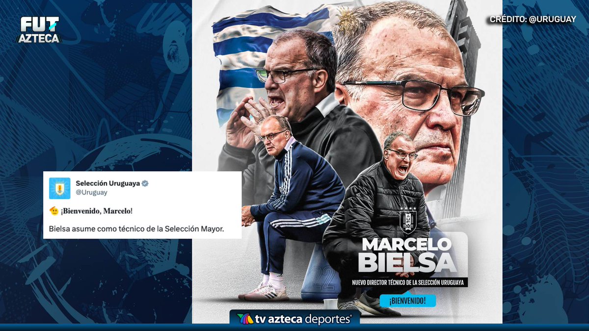 AztecaDeportes's tweet photo. El nuevo DT de Uruguay🚨
La Selección 'Charrúa' anunció a Marcelo Bielsa como su estratega.
#AztecaDeportes #Uruguay #Biesla #MarceloBiesla https://t.co/sEuuZk0d7U