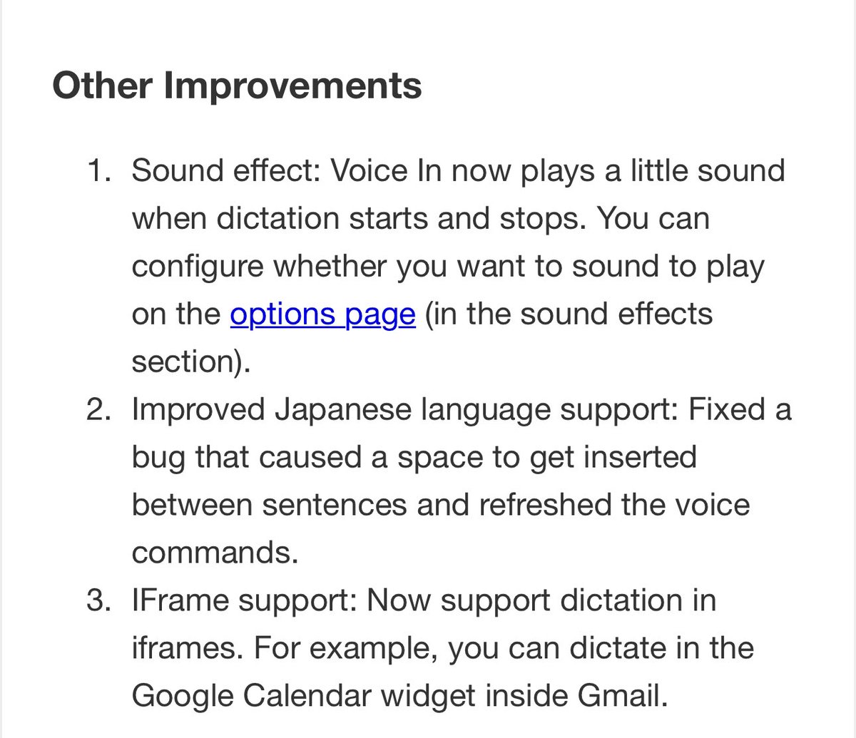 The_AGI_WAY's tweet photo. 「Voice In」の最新アップデート情報を共有します！

ちゃんと日本語のアップデートが！かなり貢献してると思うんだけど！

1ChatGPT、Google Bard、Bing Chat、およびPoeでの音声入力をサポート開始しました。プロンプトを書く時間の無駄を省きましょう。
2Voice Inは最近、長らく1位と2位を争っていたGmailとGoogle Docsを抜いて、ChaGPTで最も利用されるサイトになりました。
•以下の6つの新しい音声コマンドを追加しました。これにより、音声コマンドを使用して言語の変更、キーボードショートカットの実行、ウェブページの開閉などのアクションを実行できます。
•open:*
•press:*
•<scrollup>, <scrolldown>, <scrolltop>, <scrollbottom>
•<closetab>
•lang:*
•case:*
3これらのアクションコマンドを使って、作業を簡素化できます。例えば、Gmailではメールを送信するためのショートカットは「ctrl + enter」（Macでは「cd + enter」）です。音声コマンド「send mail」を追加することで、声でこのアクションをトリガーできます。
以上が最新のアップデート情報です。お楽しみください！ #VoiceIn #アップデート