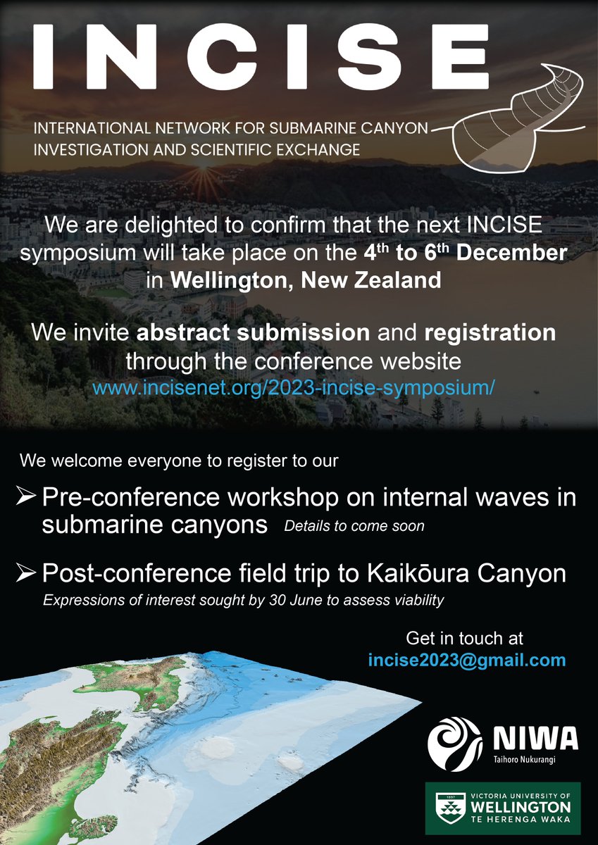 Marta Ribo (@marta_ribo) on Twitter photo Here is the first circular for the next <a href="/INCISE_net/">INCISE</a> symposium, which will take place in Wellington, Aotearoa-New Zealand, 4th to 6th December 2023 <a href="/niwa_nz/">NIWA</a> <a href="/WgtnUniResearch/">Te Herenga Waka—Wellington Uni Research</a>
More on the pre-conference workshop & post-conference fieldtrip soon!
#submarinecanyons #internalwaves Here is the first circular for the next <a href="/INCISE_net/">INCISE</a> symposium, which will take place in Wellington, Aotearoa-New Zealand, 4th to 6th December 2023 <a href="/niwa_nz/">NIWA</a> <a href="/WgtnUniResearch/">Te Herenga Waka—Wellington Uni Research</a>
More on the pre-conference workshop & post-conference fieldtrip soon!
#submarinecanyons #internalwaves