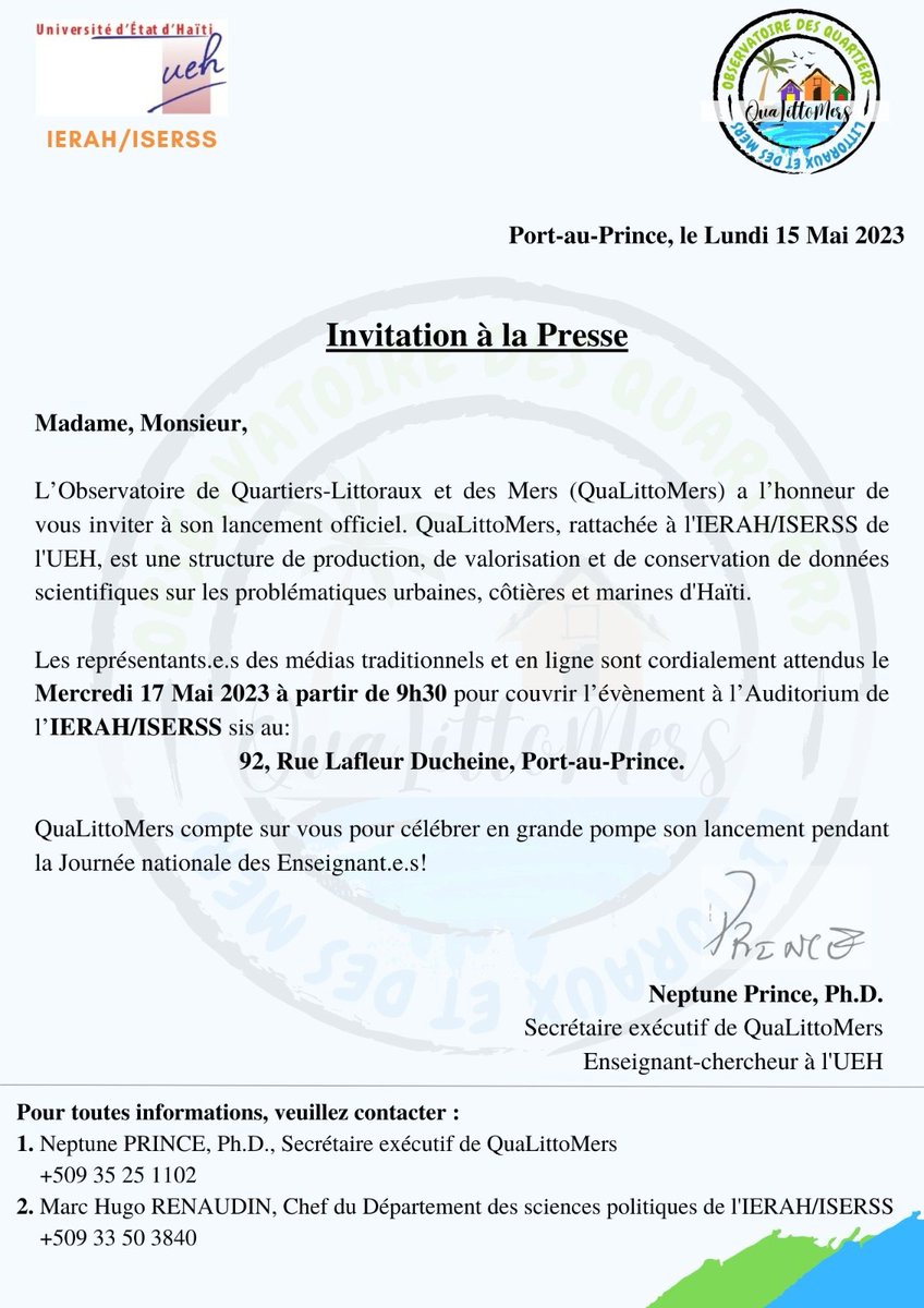 ObsQualittoMers's tweet image. Nous vous attendons le 17 mai 2023 à IERAH-ISERSS. #ueh #Haïticlimat