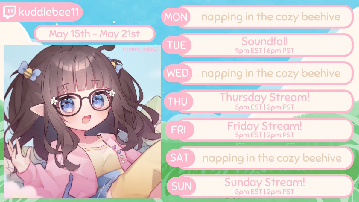 kuddlebee's tweet photo. 🐝 Schedule May 15th - May 21st 🐝

hewwo! i'll probably play some more botw this week! or maybe some wobbly life 👀 whatever we do we will have fun >:3

#Vtubers #kuddlebee https://t.co/m9cNurE0ne
