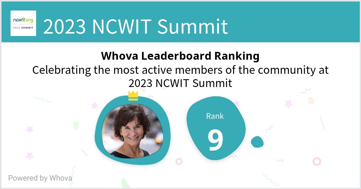 I ranked #9 on the Whova leaderboard at 2023 NCWIT Summit! #NCWITSummit - via #Whova event app