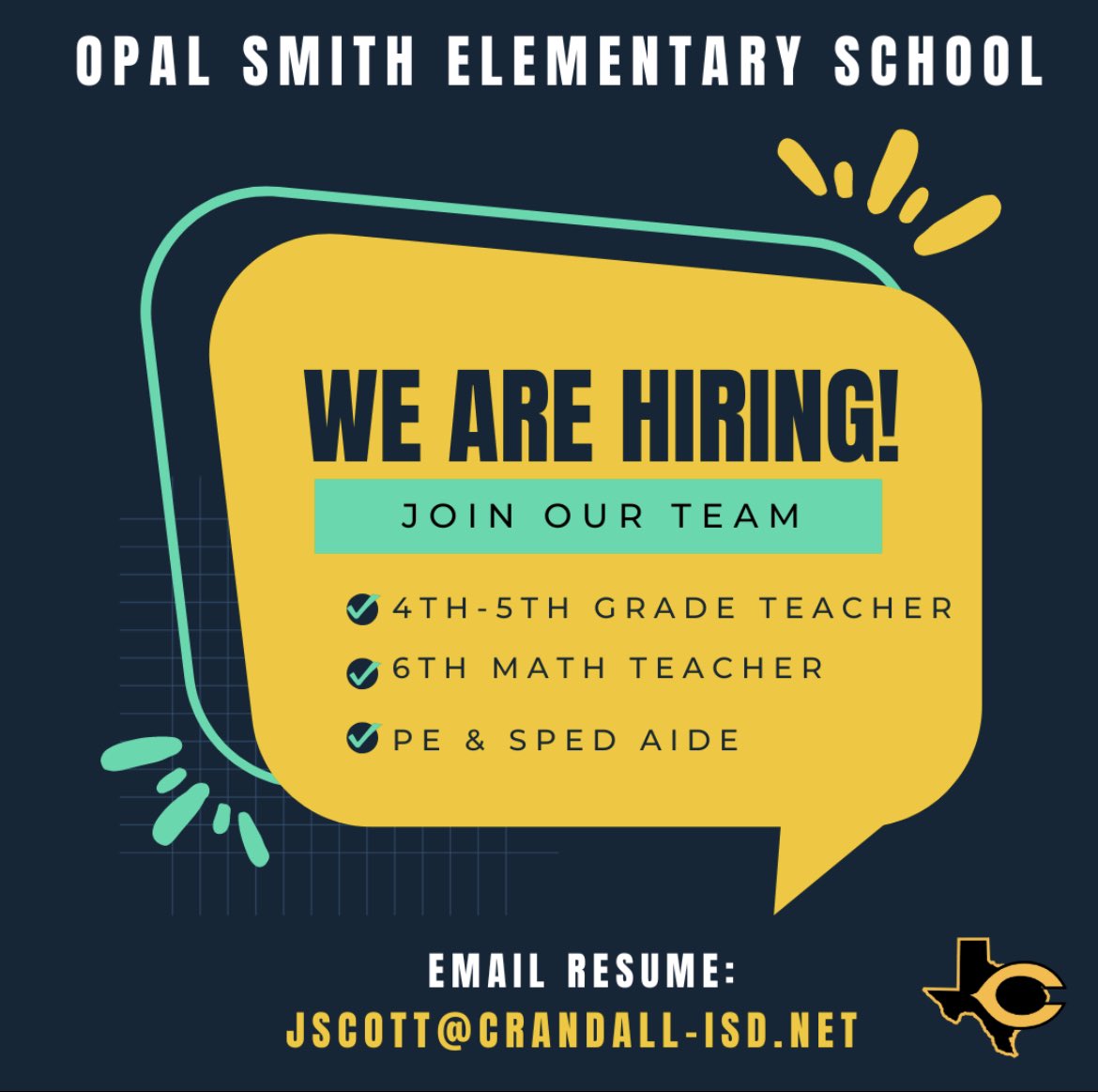 JennScottSS1's tweet photo. Looking for passionate individuals to join our team. New Elementary School opening in August. 🏴‍☠️💛

Send Resume: jscott@crandall-isd.net https://t.co/Nn4Jox310P