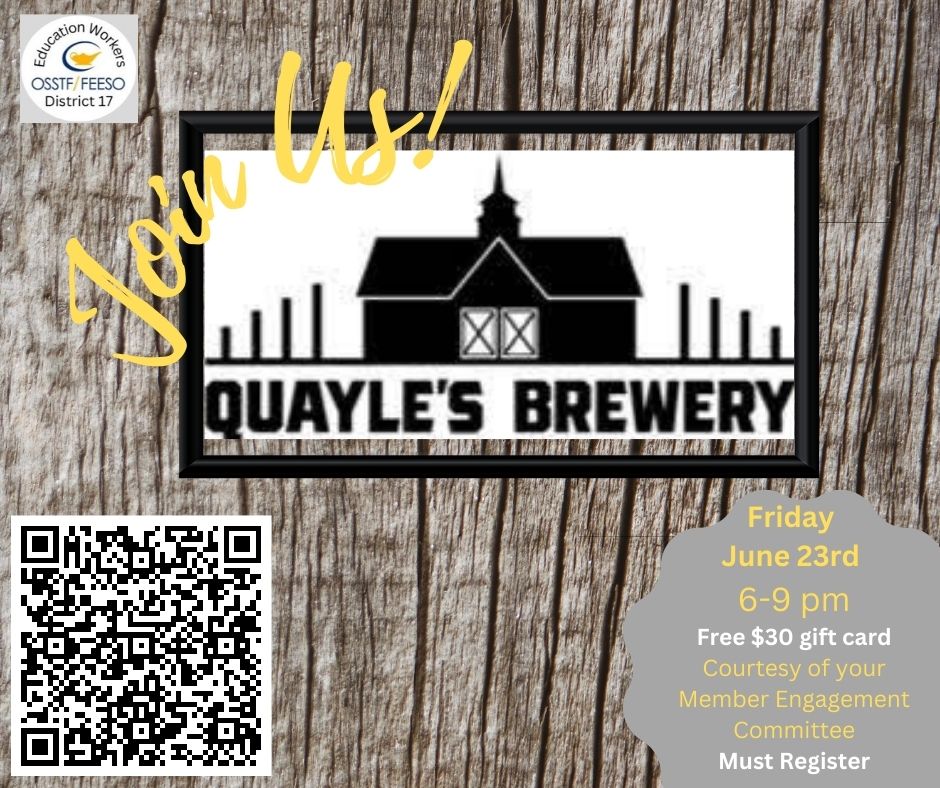 It's World Education Support Personnel Day. Thank you for all you do!
Let's celebrate together in June. EWBU members can join us at Quayle's by registering using the QR code.
#OSSTF #supportstaff #education #HereForStudents