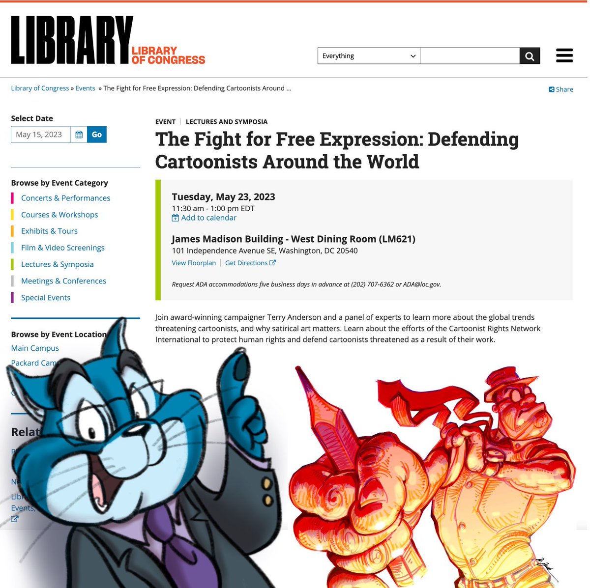 I am honored to have been asked to speak on this panel being hosted by @toonistsrights at <a href="/librarycongress/">Library of Congress</a> about the dangers that cartoonists face today and why satirical art matters! 

The panel is on Tuesday, May 23rd from 11:30-1 PM ET. Details here: loc.gov/item/event-408…