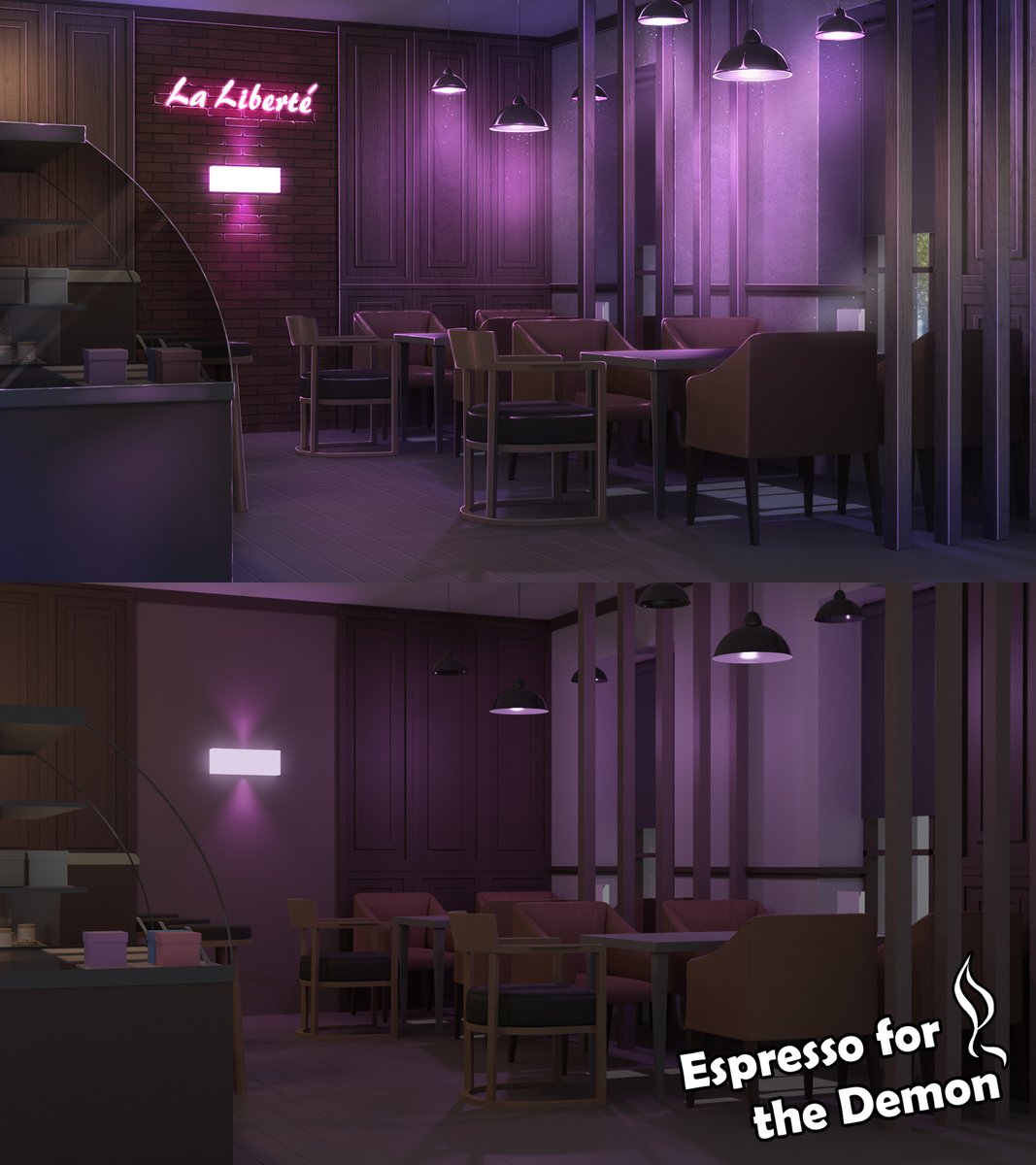 The final #background for the #visualnovel  "Espresso For The Demon".  Before and after~
And also the background of the coffee shop.
By the way, this VN has a demo 🌸

store.steampowered.com/app/1268200/Es…

#otome #indiedev #indiegamedeveloper