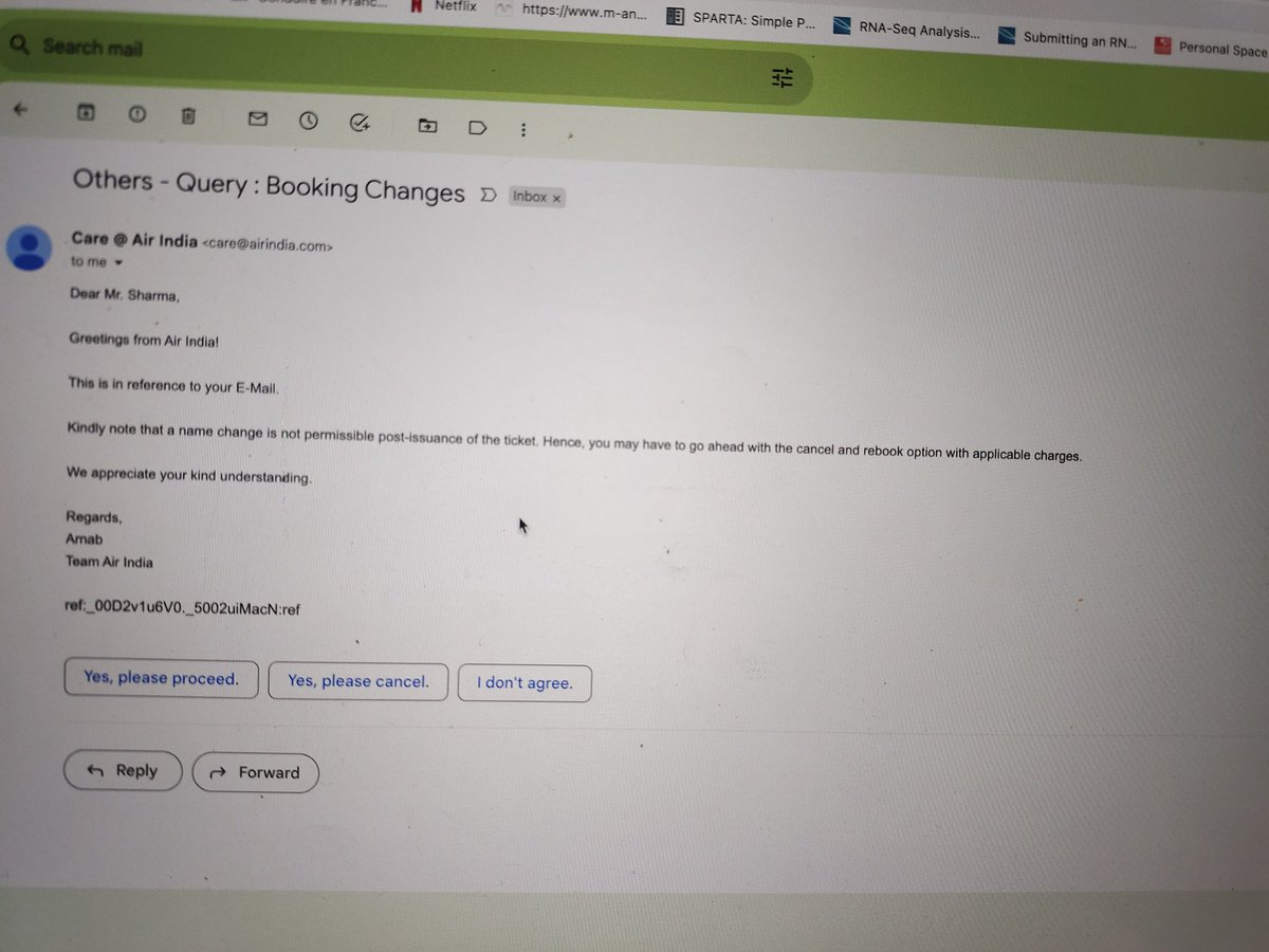 manishagoyal17's tweet photo. @airindia said "Sharma" to "Shrama" is not a spelling mistake it's under name change. But haven't provided any documented proof with email (in the first image). The second image says a spelling mistake can be corrected after booking. #nosloutionyet @airindia #foolingpublic https://t.co/jFEEQ3Xyq3