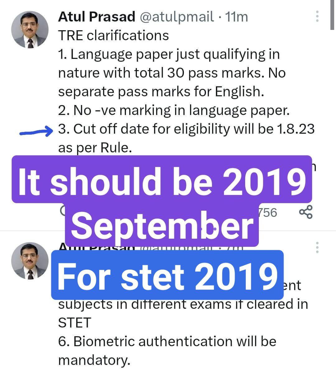 @atulpmail सर, आप कटऑफ डेट 1.8.23 बता रहे हैं लेकिन अगर कोई कैंडिडेट STET 2019 मे बैठने के लिए ही एलिजिबल नहीं था लेकिन वो एग्जाम मे बैठा और एग्जाम पास कर गया और अभी 1.8.23 मे उसने न्यूनतम योग्यता हासिल कर लिया (1.8.23) तो उसको कैसे एलिजिबल माना जाएगा. क्यूंकि उसका तो STET ही इनवैलिड हैं..