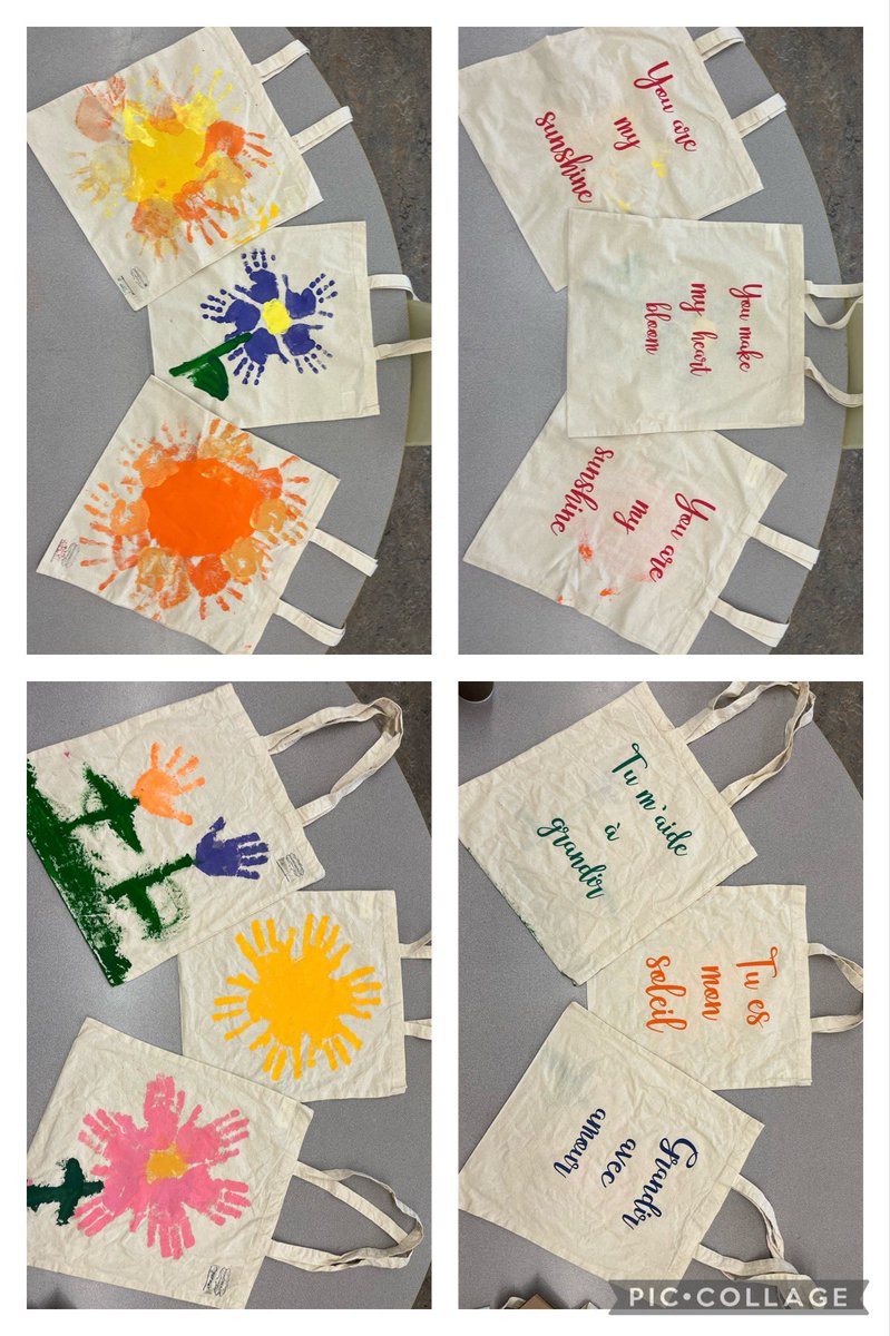 Happy Mother’s Day! Bonne fête des mères! 🌺 Look at our kinder’s beautiful tote bags for their moms. 
(A day late because I didn’t want to ruin the surprise gift!) 
#Kindergarten #MothersDay #gift #handmade #frenchimmersion