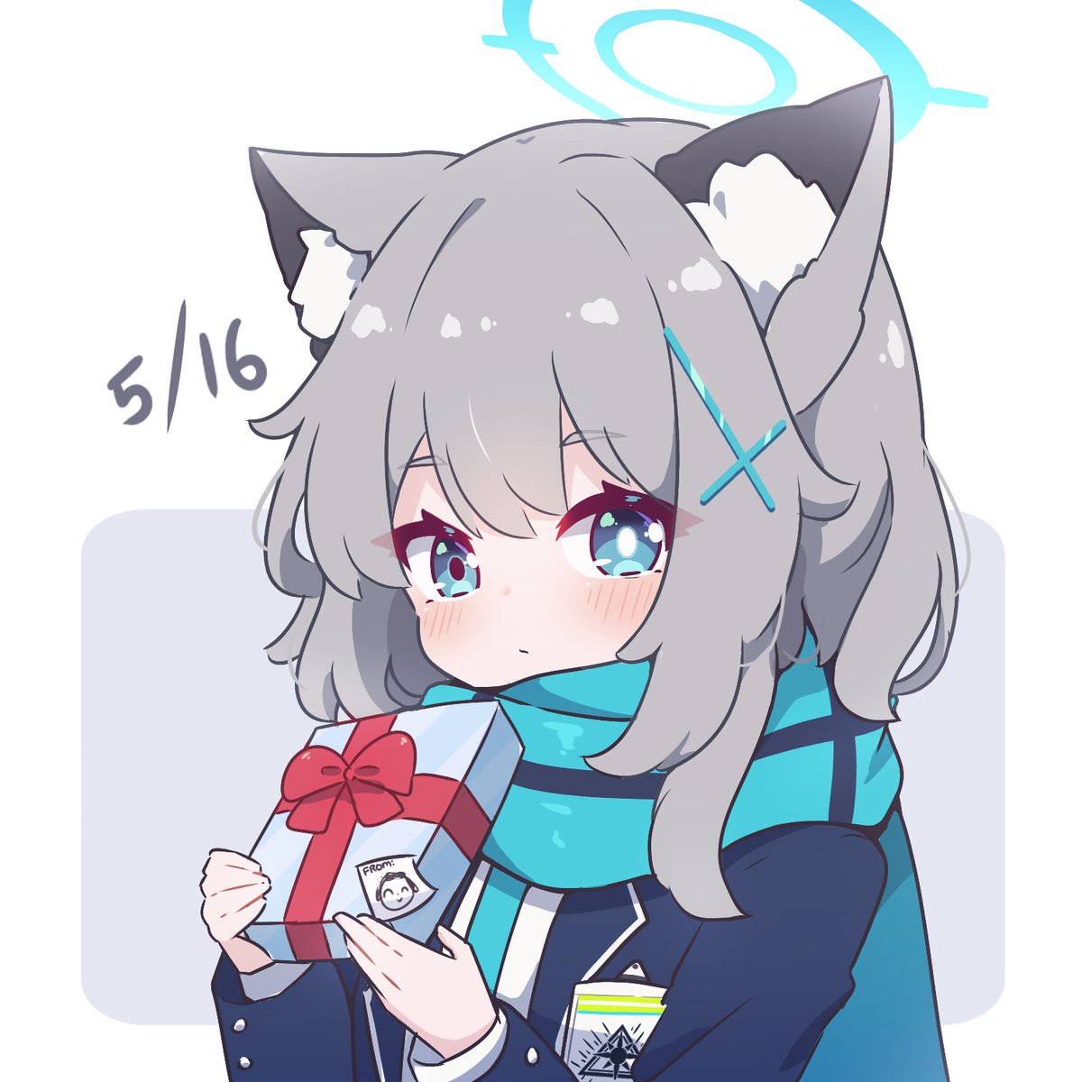 shiroko (blue archive) 1girl animal ears gift scarf solo blue scarf halo  illustration images