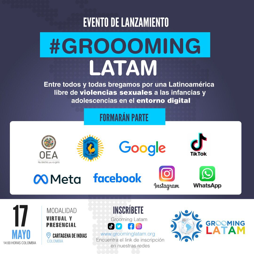 Paicabi's tweet photo. 📣 LANZAMIENTO DE #GroomingLatam: 9 ORGANIZACIONES - 7 PAÍSES - 1 MISIÓN.

También formarán parte: 
🇺🇸 @OEA_oficial mediante @Almagro_OEA2015.
👮🏻‍@PFAOficial y las fuerzas de la región.
💻 @TikTokLatAM, @Google, @Meta y @Tigo_Colombia.

🔗 Inscripciones: https://t.co/hpIoKeSELS https://t.co/lSEN0IHMps