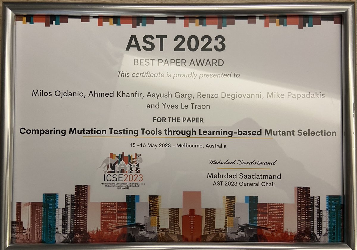 RenzoDegiovanni's tweet photo. @ASTConference @ICSEconf Thank you very much to @ASTConference organisers! We really enjoyed the conference! Congrats to @milos_ojdanic and all co-authors for the award!!! If you are interested in our work, come to talk with us at the poster stand @ICSEconf https://t.co/Bz7wIK9Wka