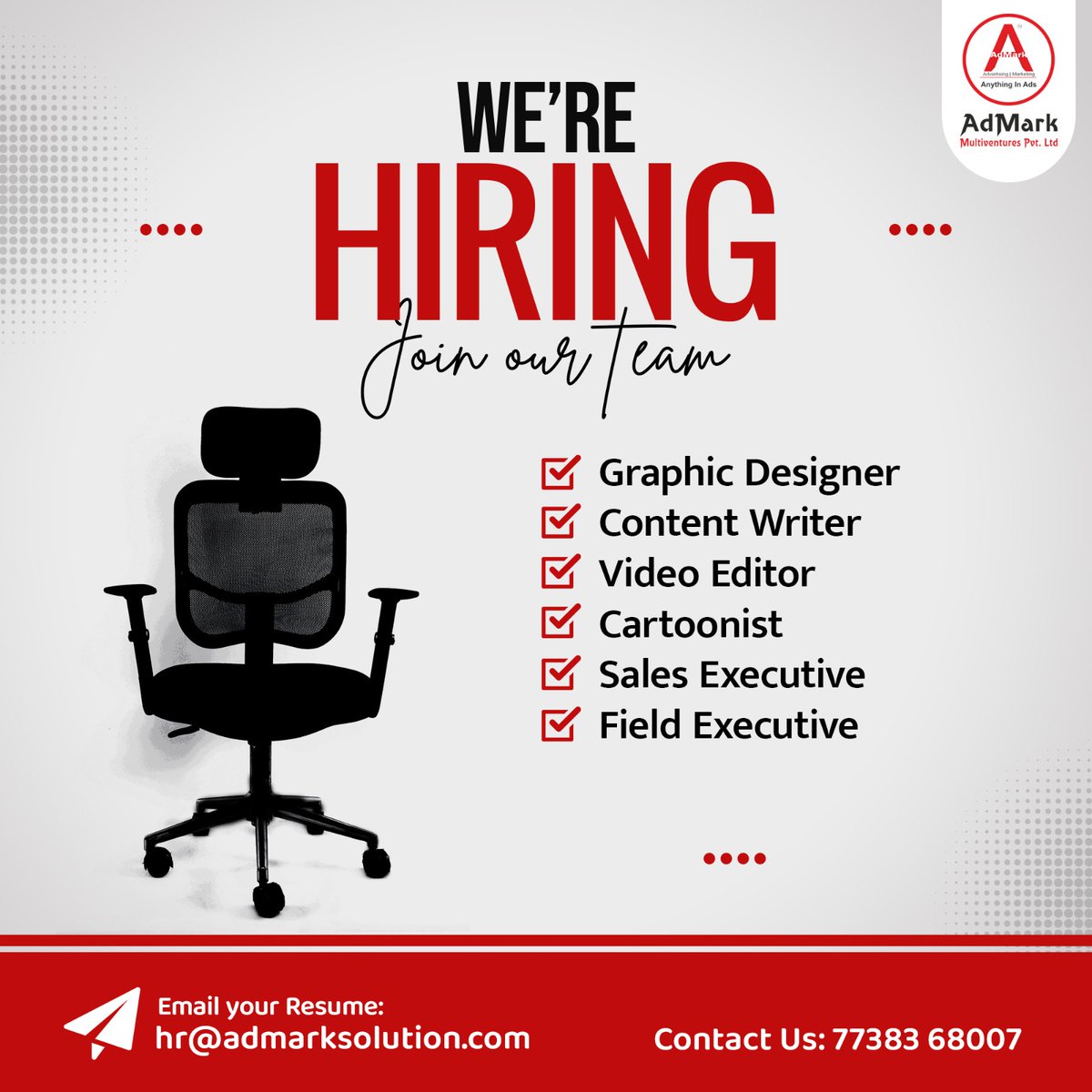 ‘We Want You!’ 📷
Our company is looking for a highly talented position
to join our team.
Interested candidates kindly CONTACT Us: 7738368007
Email ID: hr@admarksolution.com
#Hiring #Corporate #vacancy #vacancy2023
 #DigitalMarketing #digitaladmark #hiringpost #jobvacancy #thane