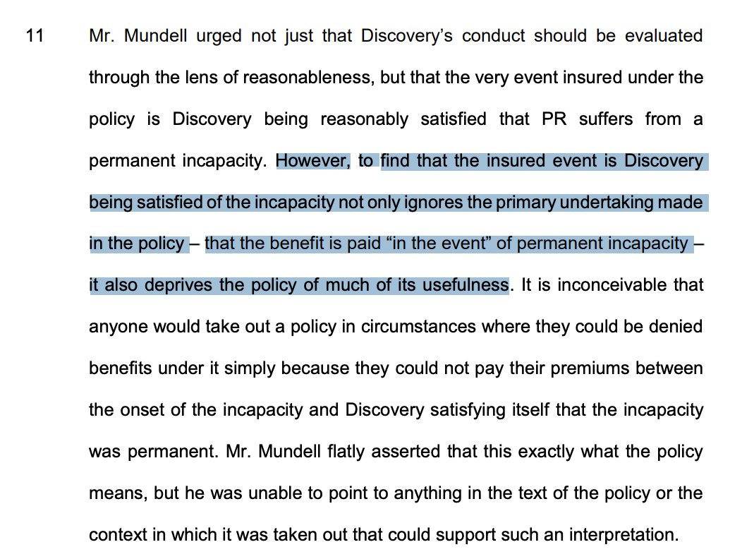 JohanLorenzen's tweet photo. .@Discovery_SA argued that even if the insured *actually* became permanently incapable of working during their policy, if Discovery only satisfied themselves of this fact after the policy lapsed they needn't pay.

Remember this next time you consider insurers... https://t.co/0sXje0hbDV