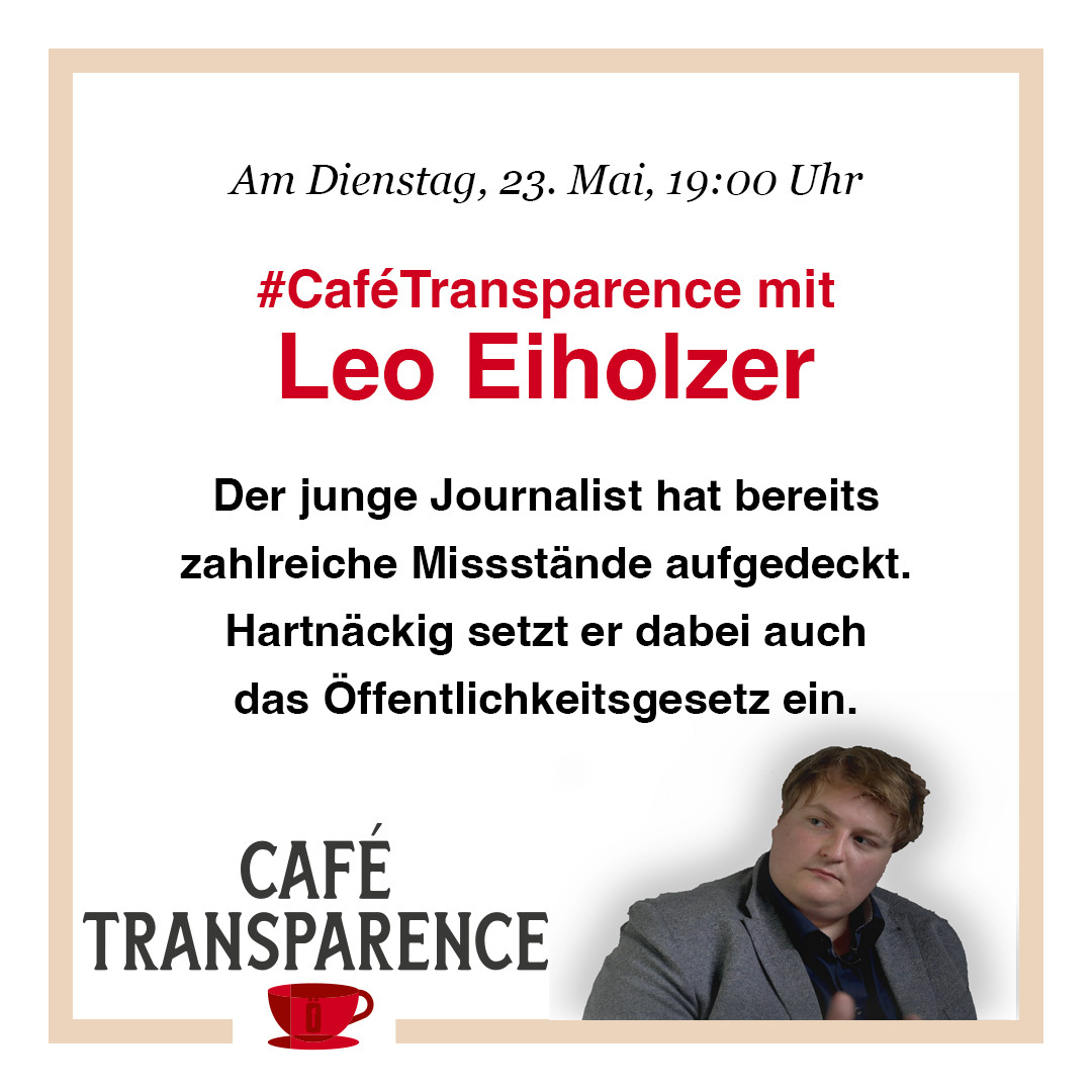 Am Dienstag, 23. Mai um 19 Uhr erzählt Investigativjournalist @leo_eiholzer im digitalen #CaféTransparence von @freiedokumente, wie er mit dem Öffentlichkeitsgesetz Missstände aufdeckt. Reinschalten lohnt sich! Jetzt anmelden und Link erhalten: oeffentlichkeitsgesetz.ch/deutsch/cafe-t…