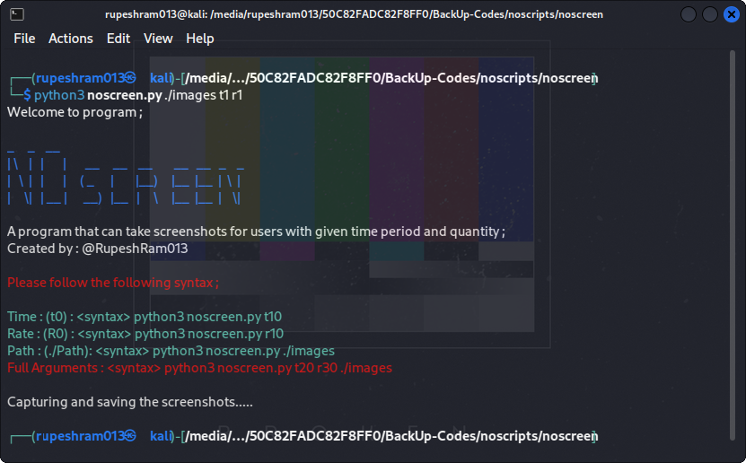 RupeshRam013's tweet photo. -16.05.2023

NoScreen
     A python script to capture screen shots for user according to the quantity and time provided by the user .

Code : https://t.co/zX6rlZRTaV

#Python #cybersecurity #kalilinux #Linux #script #Security https://t.co/GES2sKjv6o