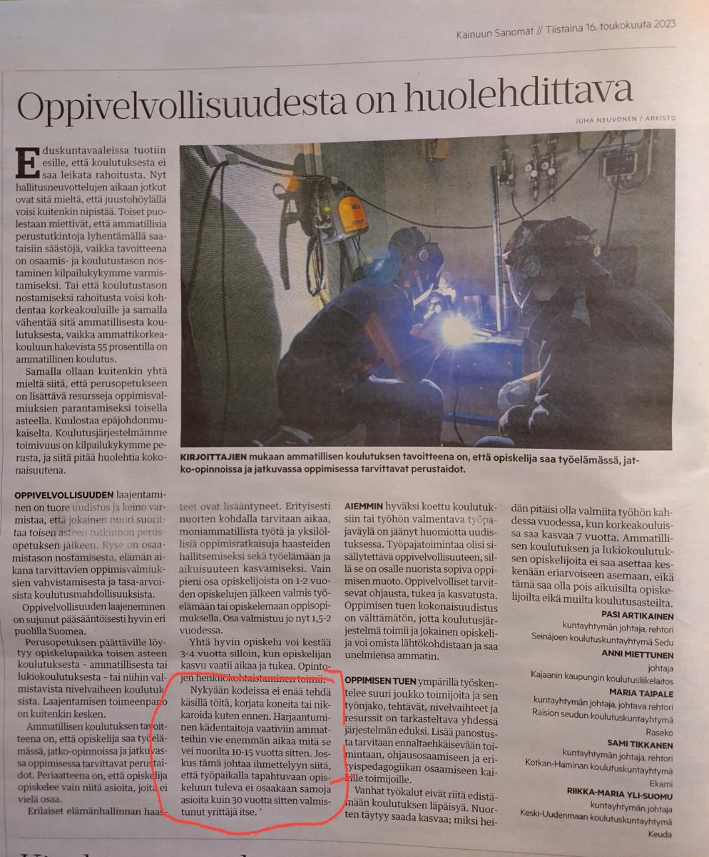 Oppivelvollisuudesta on huolehdittava; jokainen nuori suorittaa toisen asteen koulutuksen ja löytää paikkansa yhteiskunnassa. Osaamisen karttumiseen tarvitaan ohjausta, tukea ja myös kädentaitojen harjaannuttamista, niin oppiminen omista lähtökohdista sujuu. #porukkakirjoitus