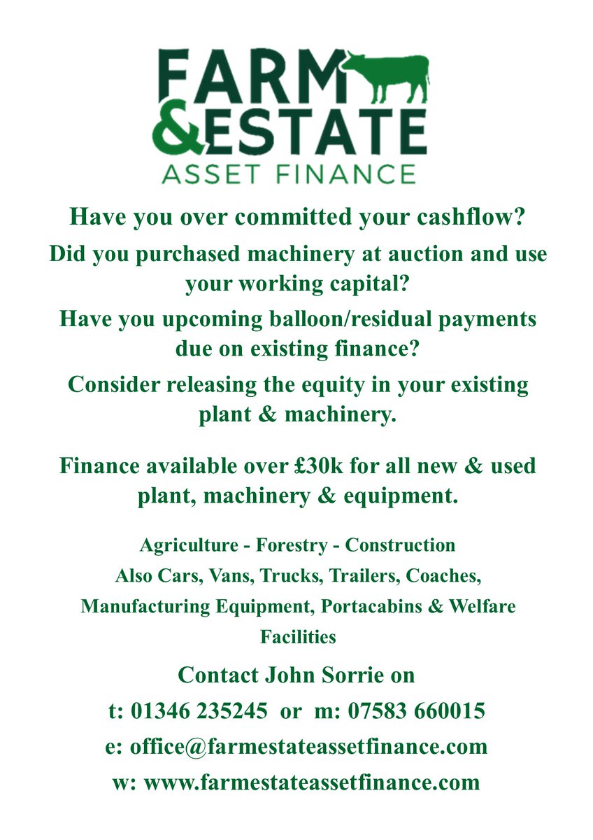 AdminFarm's tweet image. Have you overcommitted your cashflow?  

If you have purchased plant or machinery at auction or you have upcoming balloon/residual payments, ease your cashflow by refinancing your kit.  

#agriculture #forestry #Construction #haulage #assetfinance #hirepurchase #financelease