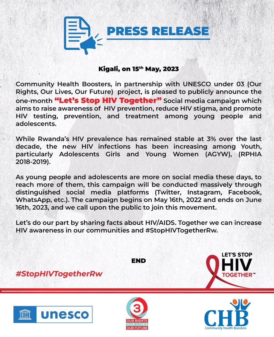 ISHIMWEElysee5's tweet photo. Today @chbrwanda in partnership with @UnescoEast started a month compaign of #letstopHIVtogether under #03project where it's hope that it will impact to reduce new #HIV infection among the Adolescent girls and young women (AGYW)
@RBCRwanda @unicefrw @Imbuto https://t.co/xgpQWKUtGl
