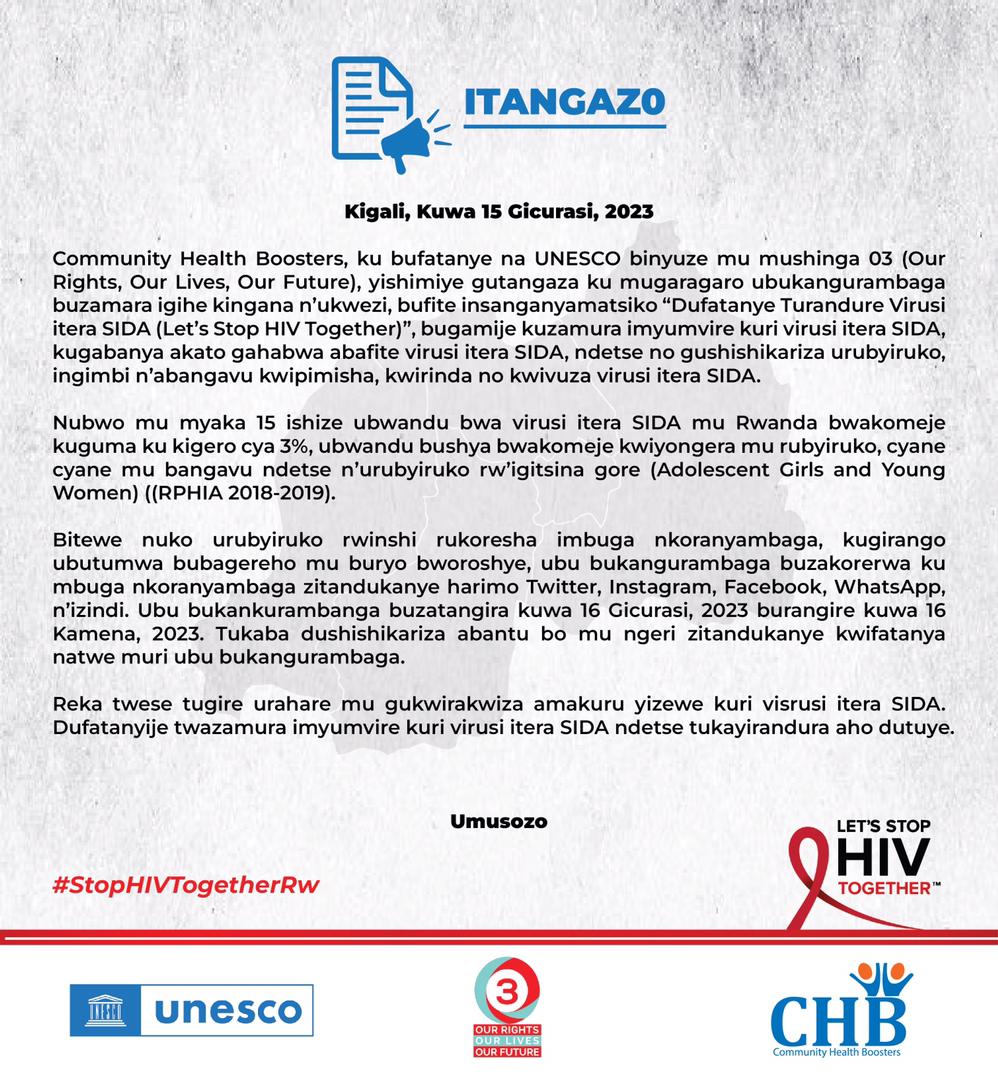 ISHIMWEElysee5's tweet photo. Today @chbrwanda in partnership with @UnescoEast started a month compaign of #letstopHIVtogether under #03project where it's hope that it will impact to reduce new #HIV infection among the Adolescent girls and young women (AGYW)
@RBCRwanda @unicefrw @Imbuto https://t.co/xgpQWKUtGl