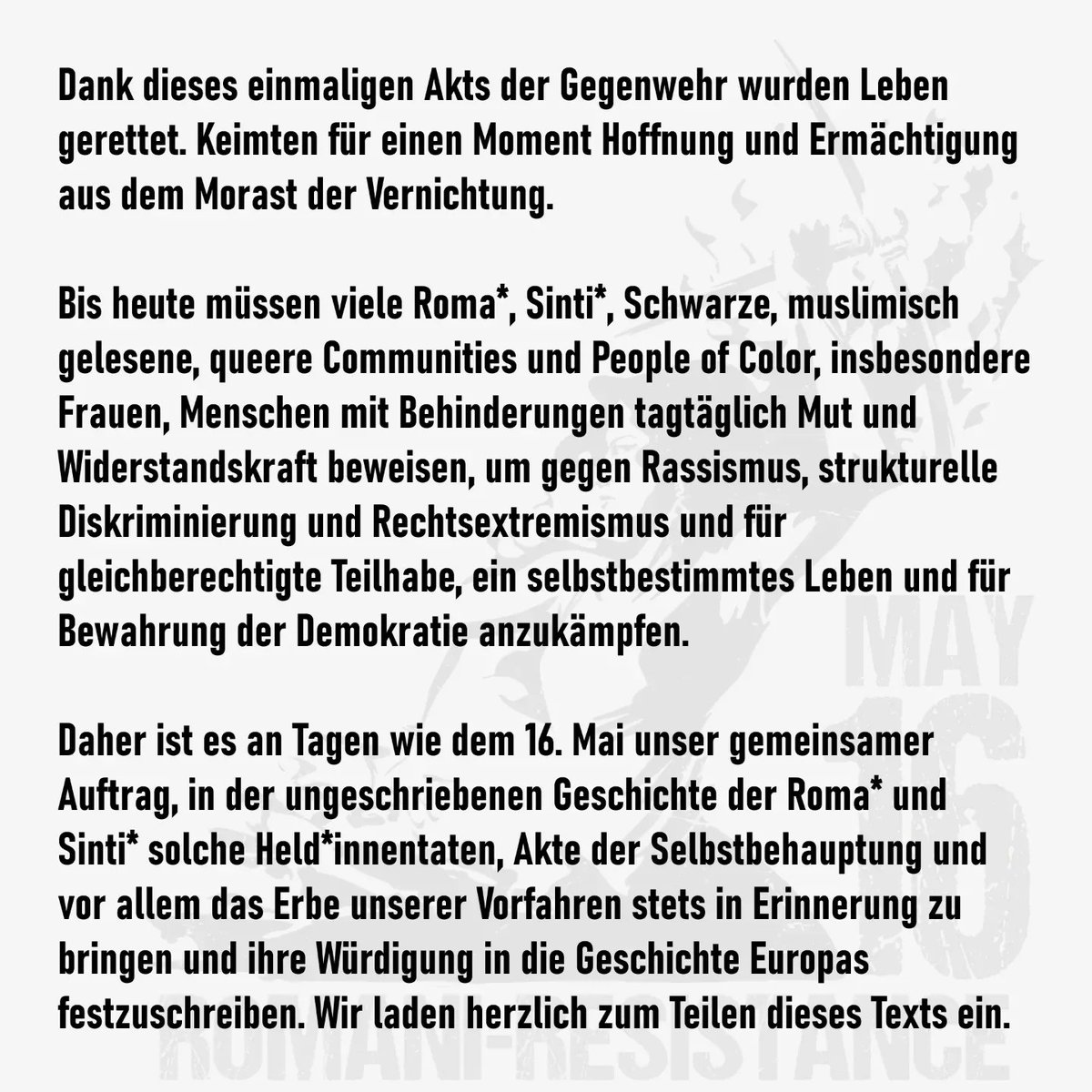 Heute ist #RomaniResistanceDay und wir teilen gerne die Erklärung der AG Roma Berlin! Zeigt an diesem wichtigen Tag Solidarität und teilt den Beitrag mit euren Kreisen! #OpreRoma #act4romalives