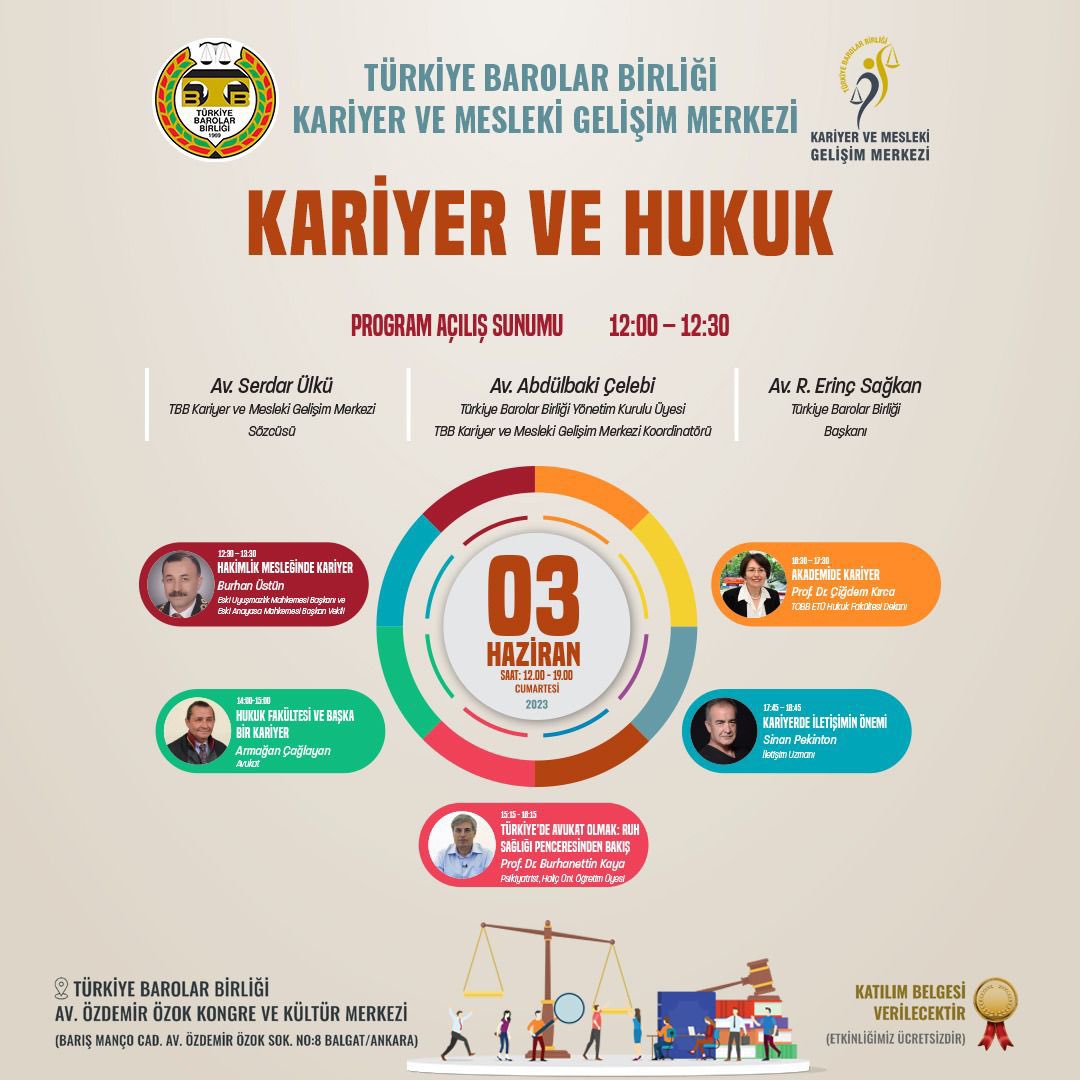 tbbkariyer's tweet photo. TBB Kariyer ve Mesleki Gelişim Merkezi tarafından 03.06.2023 tarihinde organize edilecek olan Kariyer ve Hukuk Programında, değerli hukukçular ve kariyer uzmanları bizlerle birlikte olacaktır. 

👉 Kayıt için : https://t.co/gOjbvSUIT0

#tbbkariyer #kariyer #hukuk https://t.co/ENmjuux9oz