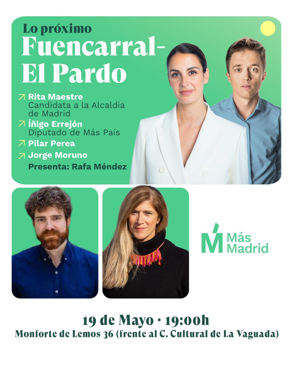 ❤️El 19 de mayo a las 19:00 h enfrente del C. Cultural de la Vaguada os esperamos para compartir nuestras propuestas para gobernar Madrid con ilusión de que lo próximo será Más Madrid   ¡Os esperamos! 
#VotaLoProximo28M 
#MadridEsLaHostia