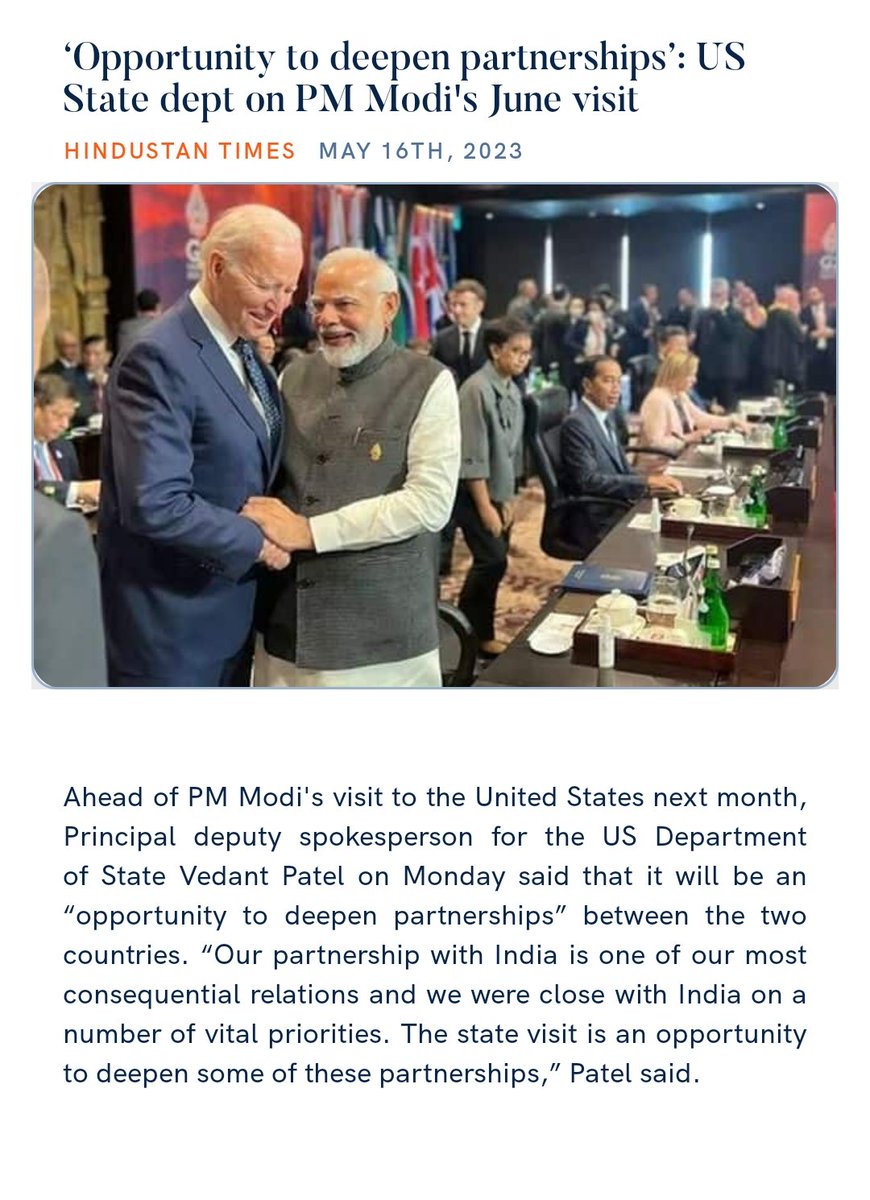 PMOIndia's tweet photo. ‘Opportunity to deepen partnerships’: US State dept on PM Modi's June visit
https://t.co/DOmxAcg31D 

via NaMo App https://t.co/oMSsuddYk3