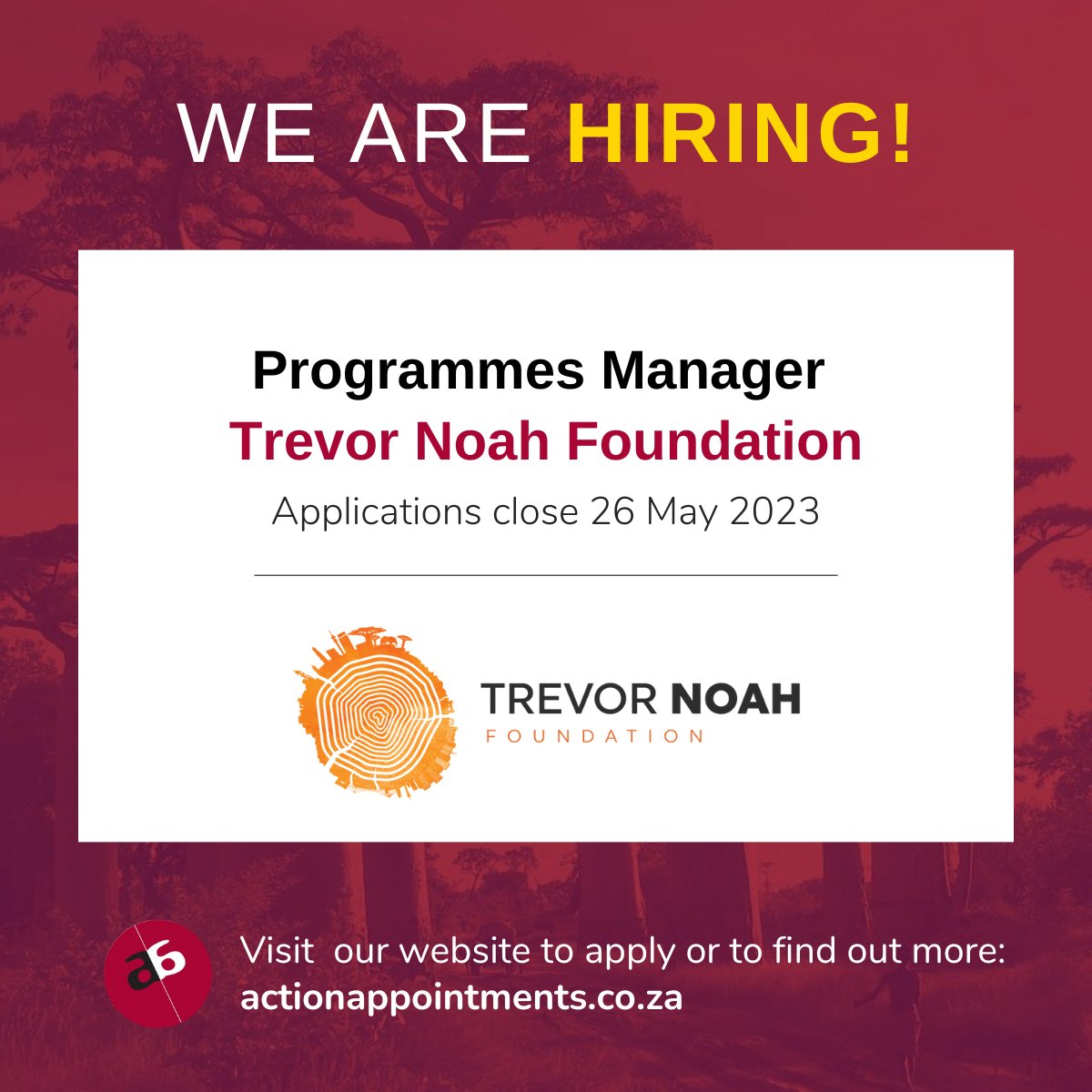 VACANCY! Action Appointments is recruiting a Programmes Manager for the @TrevorNoahFdn, based in Johannesburg.

For more information, visit the link below:
actionappointments.co.za/vacancies/trev…

#hiring #programmemanager #education #trevornoah #foundation #management #communitydevelopment